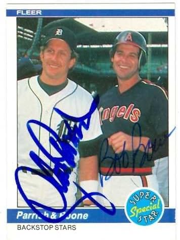 Lance Parrish and Bob Boone autographed baseball card 1984 Fleer #637 (Tigers Angels Backstop Stars)