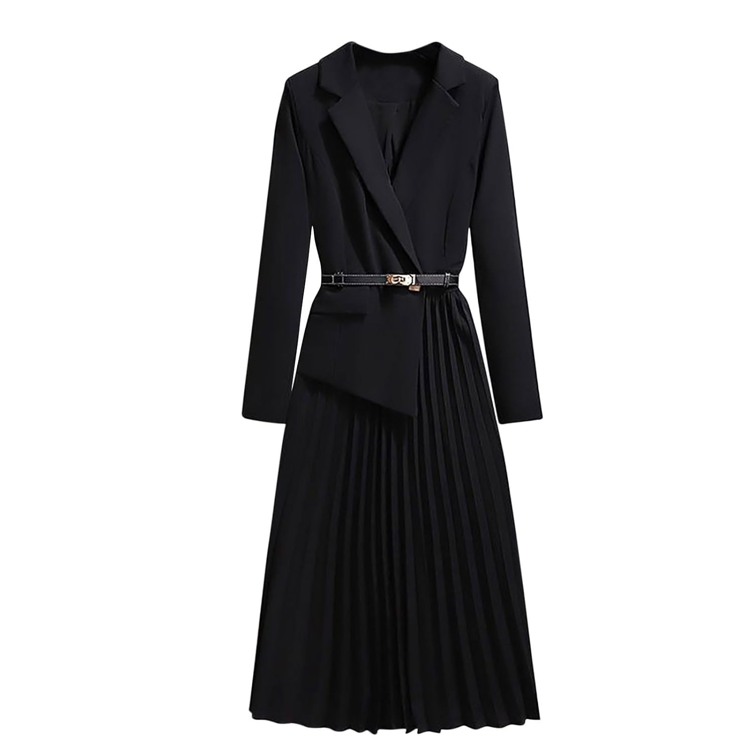 Womens Long Sleeve Flared A Line Blazer Dress Elegant Dressy Laper Neck Office Business Suit Pleated Belted Dress