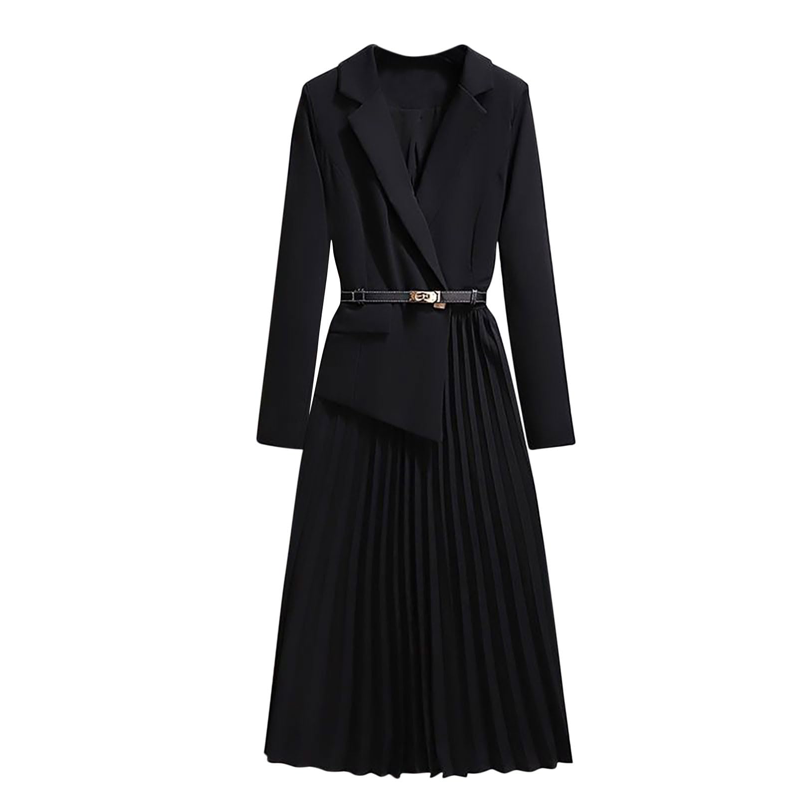 Womens Long Sleeve Flared A Line Blazer Dress Elegant Dressy Laper Neck Office Business Suit Pleated Belted Dress