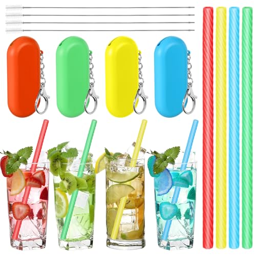 Meanplan 4 Sets Cruise Ship Essentials,4 Set Silicone Straws with Case Reusable Silicone Portable Drinking Straw Set for Party Travel Cold or Hot with 4 Carry Case, 4 Cleaning Brushes (Rainbow Colors)