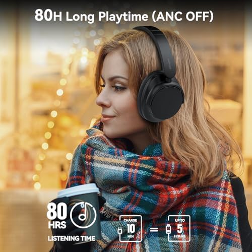 AUSDOM Hybrid Noise Cancelling Headphones: Wireless Bluetooth 5.4 Over Ear Headphones, Foldable ANC Headphone with Mic, 80H Playtime, Hi-Fi Audio, Deep Bass, Comfortable Earpad for Home Office Travel — view 2