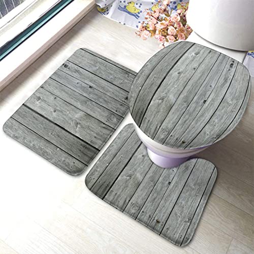 Badezimmerteppich-Set aus 3 Teilen, Wand aus altem, verwittertem Holz, Scheunenhintergrund, waschbare Badeteppiche, rutschfest, mit Rückenpolster, Konturteppich und Toilettendeckelbezug