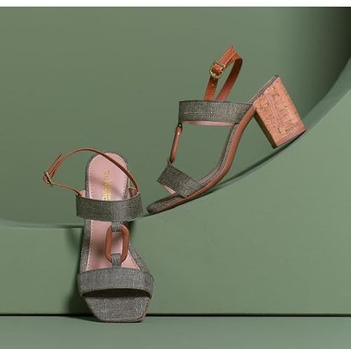 Sandalia de Salto Bloco Tecido Moderna (Verde Militar, BR, Adulto, Numérico, M, 36)