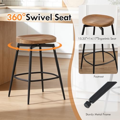 Image of 25'' Backless Swivel Counter Height Bar Stools Set of 2, Solid Wood Saddle Stools with Metal Legs, Modern Wooden Bar Stools for Kitchen Island, Walnut