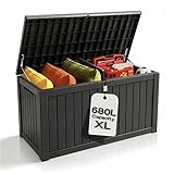 Olsen & Smith 680L Large Garden Storage Box - Weather Resistant Heavy Duty Garden Box with Padlock - Wood Effect - High Capacity Outdoor Storage Chest for Tools, Cushions, Toys & More (Anthracite)