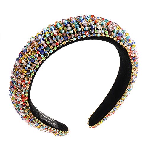 Velvet Padded Headband Colorful Rhinestone Beaded Embellished Headband Elastic Thick Sparkle Hairband Headwear for Women Girls Bridal Anniversary(Multicolored Rhinestone)