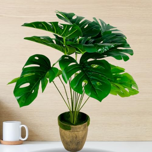 Image of Dekorly Artificial Palm Plants Leaves Faux Turtle Leaf Fake Monstera Tropical Large Palm Tree Leaves Outdoor UV Imitation Leaf Decorations (Golden Pot Monstera)