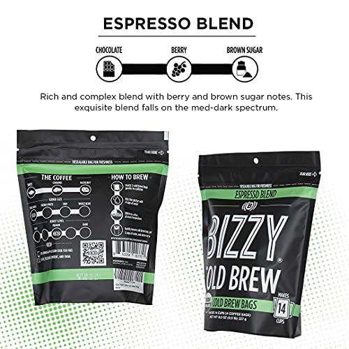 Bizzy Organic Cold Brew Coffee | Bundle | Coarse Ground Coffee | Espresso Blend 1 Lb + Espresso Blend Brew Bags 4-Count | 2 Pack #TOP1