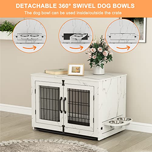 Piskyet Wooden Dog Crate Furniture With 360° Rotatable Removable Dog Bowls, Dog Crate End Table With Tray, Double Doors Dog Kennels Indoor For Small To Medium Dogs, Marble White, 32 Inch #TOP2