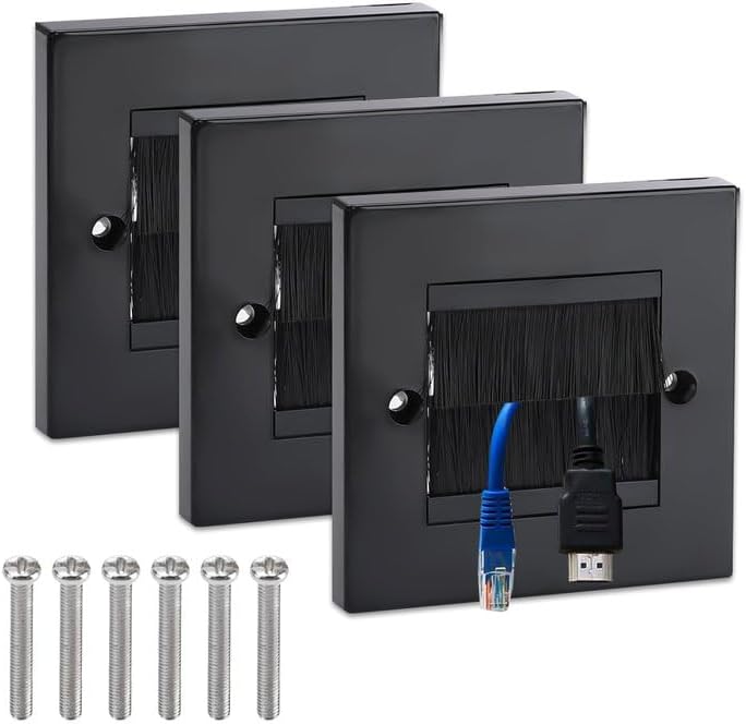 ADERTOS 3 PCS Brush Wall Plate Cable Passthrough Wall Outlet, Wall Mounted Brush Faceplate, Single Gang Cable Access Strap, Tidy Cable Pass Through Insert, Standard Black Wallplate with Black Brushes