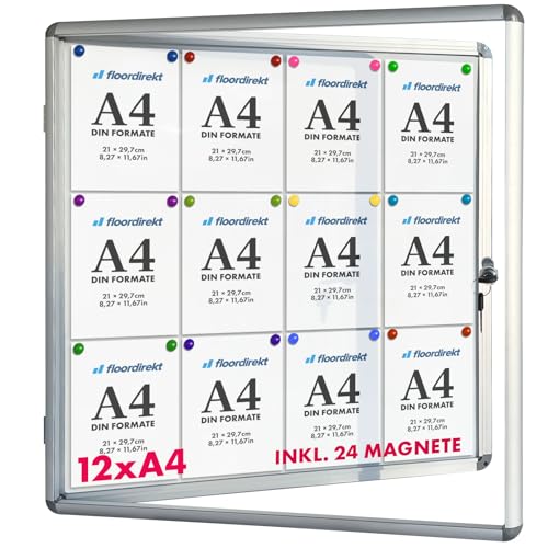 Floordirekt Schaukasten 12xA4 inkl. 24 Magnete Infokasten Aushang Aushangkasten Magnetische & beschreibbare Rückwand Plakatschaukasten mit Alurahmen & Acrylglas