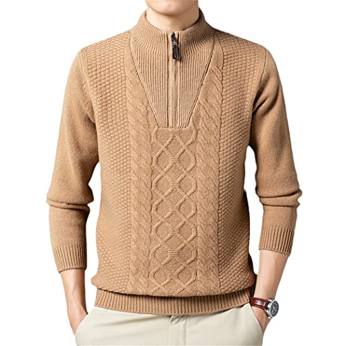 Pull d'hiver homme épais contre le froid en tricot kaki grande taille col zippé XXXL