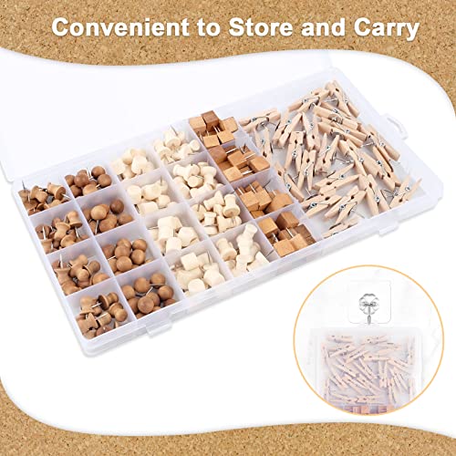 220 Stück Holz Pinnadeln, Reißnägel Mit Kunststoffbox, Stahlnagel für Korkplatte, Rundkopf für Korktafel, Landkarte, Fotos, Kalender, Handwerke (6 Typ)