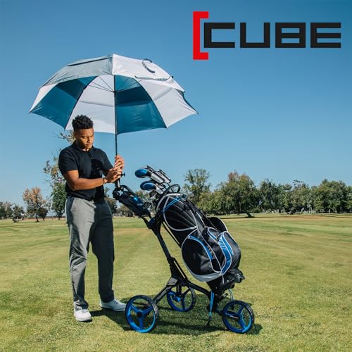 CUBE CART 3-Wheel Golf Push Cart – Ultra-Compact 14.5 lb Folding Golf Trolley, Two-Step Fold, Adjustable Handle, Foot Brake, Umbrella Holder & Built-in Storage - Charcoal/Blue by CUBE - Image 7