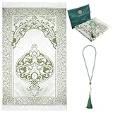 YYTECH Gebetsteppich mit Gebetsperlen, Muslimischer Weich Gebetsteppich Prayer Mat für Frauen & Männer, Lslamische Gebetsmatte-Set Geschenke für Ramadan Eid Bayram(Rosa) (Grün)