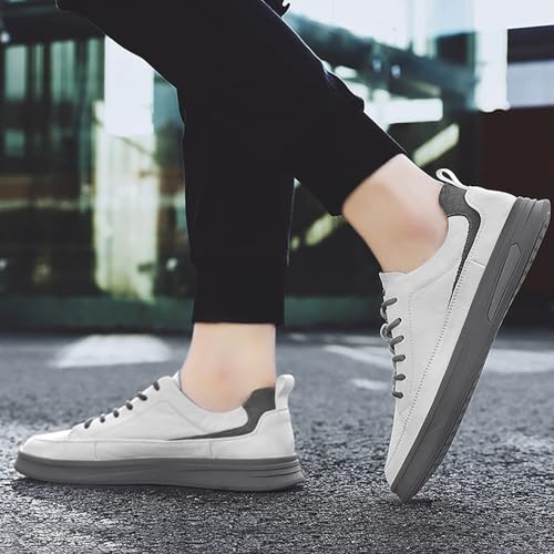 Men's Soft Leather Fashion Low Top Sneakers Classic Lace-up Casual Non-Slip Walking Shoes Lightweight Wear-Resistant Flat Skate Shoes 5