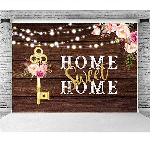 Rustic Housewarming Photography Backdrops Pink Floral Sweet Home Key Shining Lights Background for New House Party Decorations Wooden Floor Wedding Photo Booth Props Cake Table Supplies 7x5ft