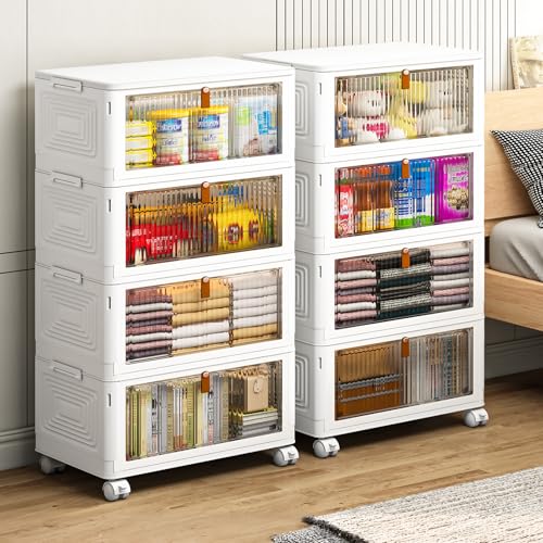 Image of YFXCVSL 4 Tier Plastic Storage Bins with Lid 36QT, Stackable Storage Containers with Wheels, Folding Storage Boxes, Stackable Storage Bins, Organizers and Storage for Living Room,Office,Dorm