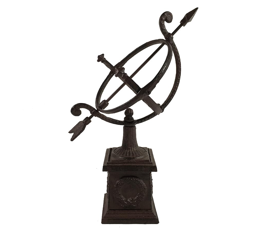 zeitzone Sonnenuhr auf Standfuß Antik-Stil Gusseisen Braun Gartendeko H 34cm
