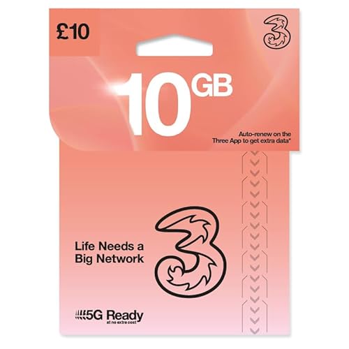 THREE 4G/5G SIM Card UK & ROAM FREE in over 70 destinations - PREPAID PAYG £10 Bundle - 10GB + Unltd Texts & Mins - ROAMING ALLOWANCE 6GB + International Calling Option - (Love2surf RETAIL PACK)