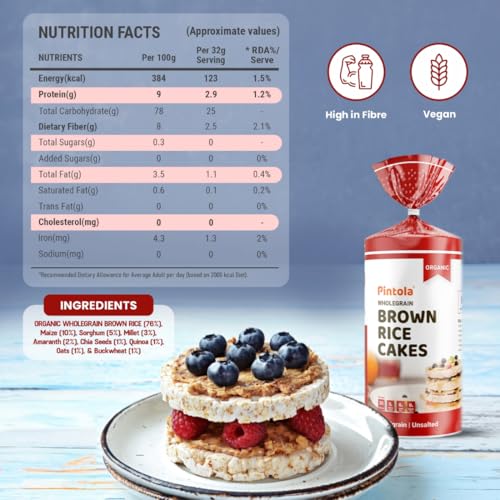 Image of Pintola Organic Brown Rice Cake Multigrain Unsalted (130g x 2) | Gluten-Free Snack | 9 Wholegrains | Low Fat | 30 Calories per Cake | Soy & Yeast Free | Healthy Snack for Weight Loss