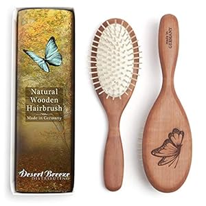Desert Breeze Natural Wood Bristle Hair Brush, Gentle Scalp Massage, Pear Wood Handle, Made in Germany, For All Hair Types, Rounded Wood Pins, Anti-Static