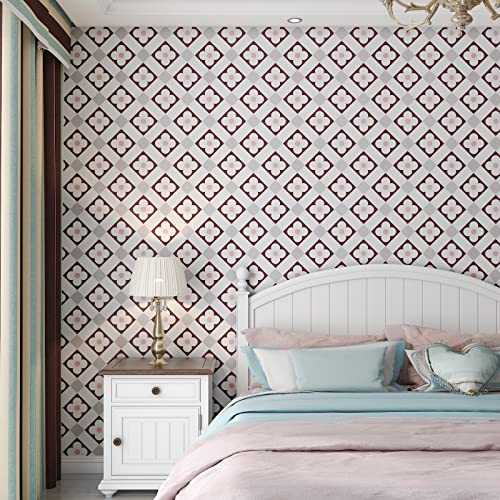 Cre8Tive Geometric Peel And Stick Wallpaper Red Flower Contact Paper 24"X118" Self Adhesive Removable Vintage Decorative Vinyl Trellis Wallpaper Tiles For Kitchen Bedroom Countertops Cabinets Walls #TOP4