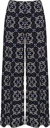 WearAll Plus Size Womens Floral Print Ladies Wide Leg Palazzo Trousers Pants - Blue Squares - 16 to 18