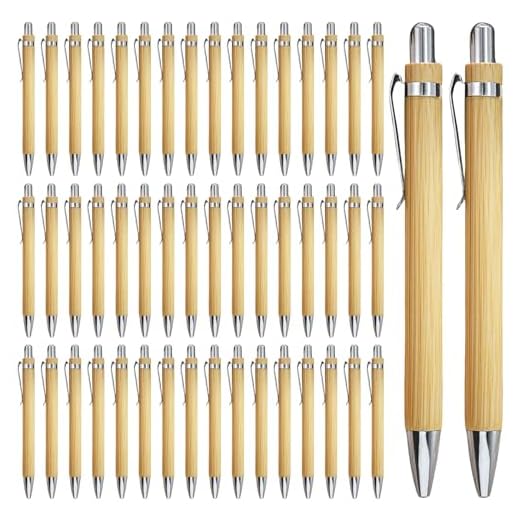 SPORWAY Lot de 50 stylos à bille en bois de bambou pour écriture, journal, école, fournitures de bureau, cadeau de remise de diplôme (bleu)