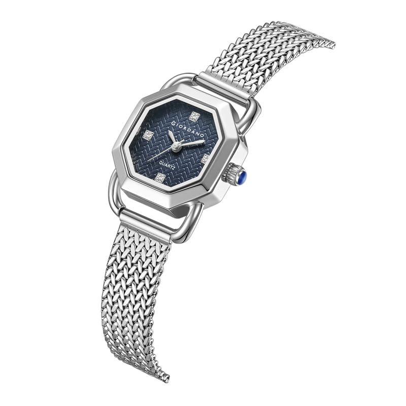 Image of Giordano Analog Quartz Watch for Women with Octagonal Textured Dial, Crystal Hours Markers, Blue Crown and Mesh Metal Strap