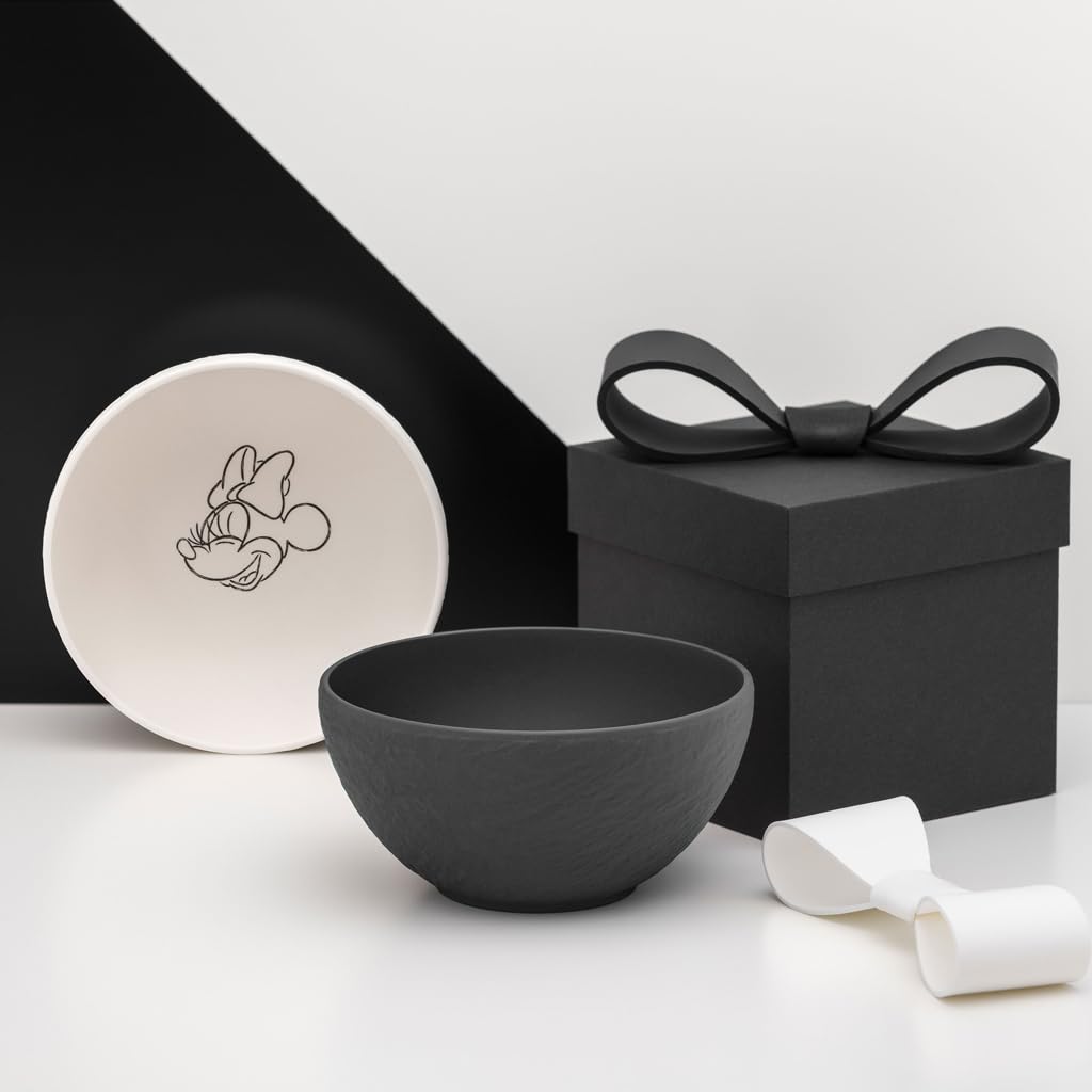 Villeroy & Boch Manufacture Rock – Mickey Mouse – Tazón para cereales, set 2 piezas, blanco y negro, lavavajillas y microondas, acabado pizarra y decoración de Disney Mickey Mouse en tiza