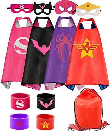 RioRand Kids Dress Up 4PCS Superhero Capes Set and Slap Bracelets forGirls Costumes Birthday Party Gifts