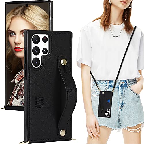 Ccsmall Case For Samsung Galaxy S23 Ultra (Not S23) With Card Slot Holder, Removable Adjustable Shoulder Strap Lanyard Crossbody Neck Purse Phone Case For Samsung Galaxy S23 Ultra Kb Black #TOP21