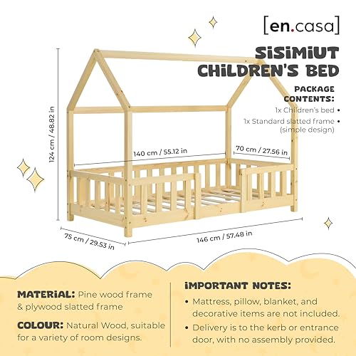 [en.casa] Children's bed Sisimiut House bed 70 x 140 cm with fall-out protection Slatted frame Pine Wood look