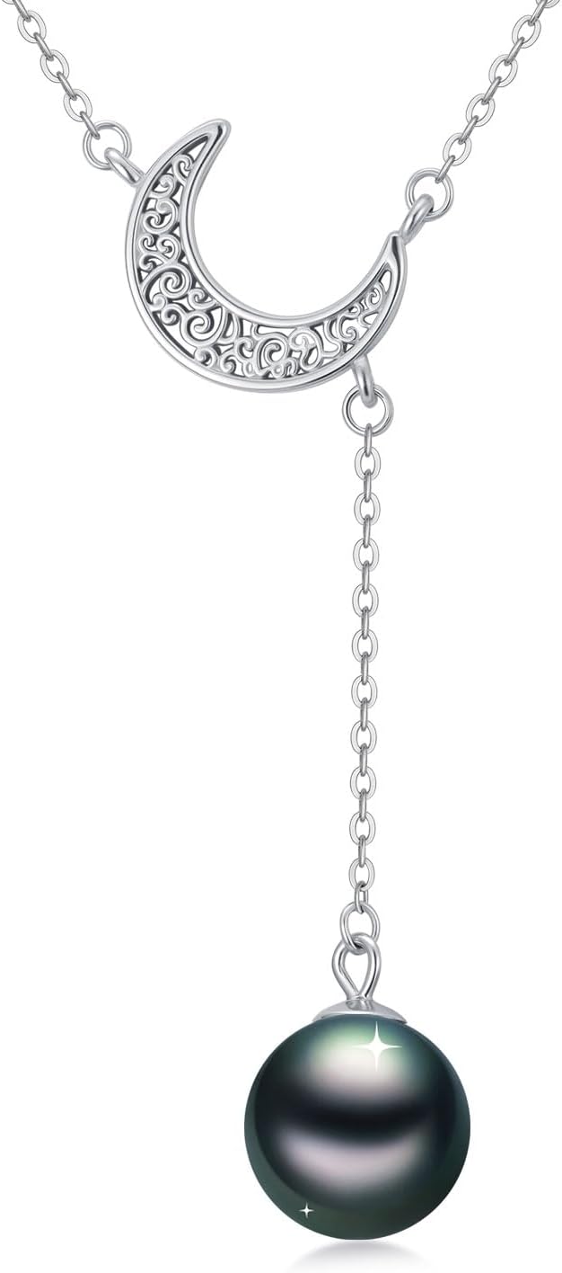 Tahitian Black Pearl AAAA 18K White Gold Plated Sterling Silver Moon Pendant Y Necklace for Women Wife Mom Girlfriend Her Jewelry Gift for Anniversary Birthday