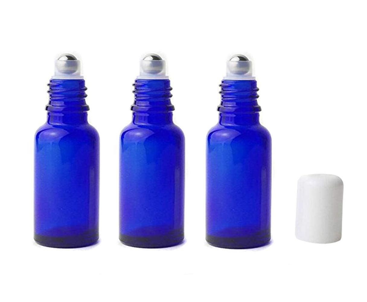 3Pcs Refillable Empty Blue Glass Roll-on Roller Bottles with Stainless Steel Roller Balls and White Cap for Essential Oil Perfumes Lip Balms Attar Travel Container (20ml/0.67oz)