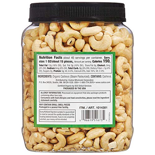 Kirkland Signature Usda Organic Unsalted Unroasted Organic Cashews (Steam Pasteurized) Whole Cashews 2.5 Lb, ( Pack Of 4) #TOP1