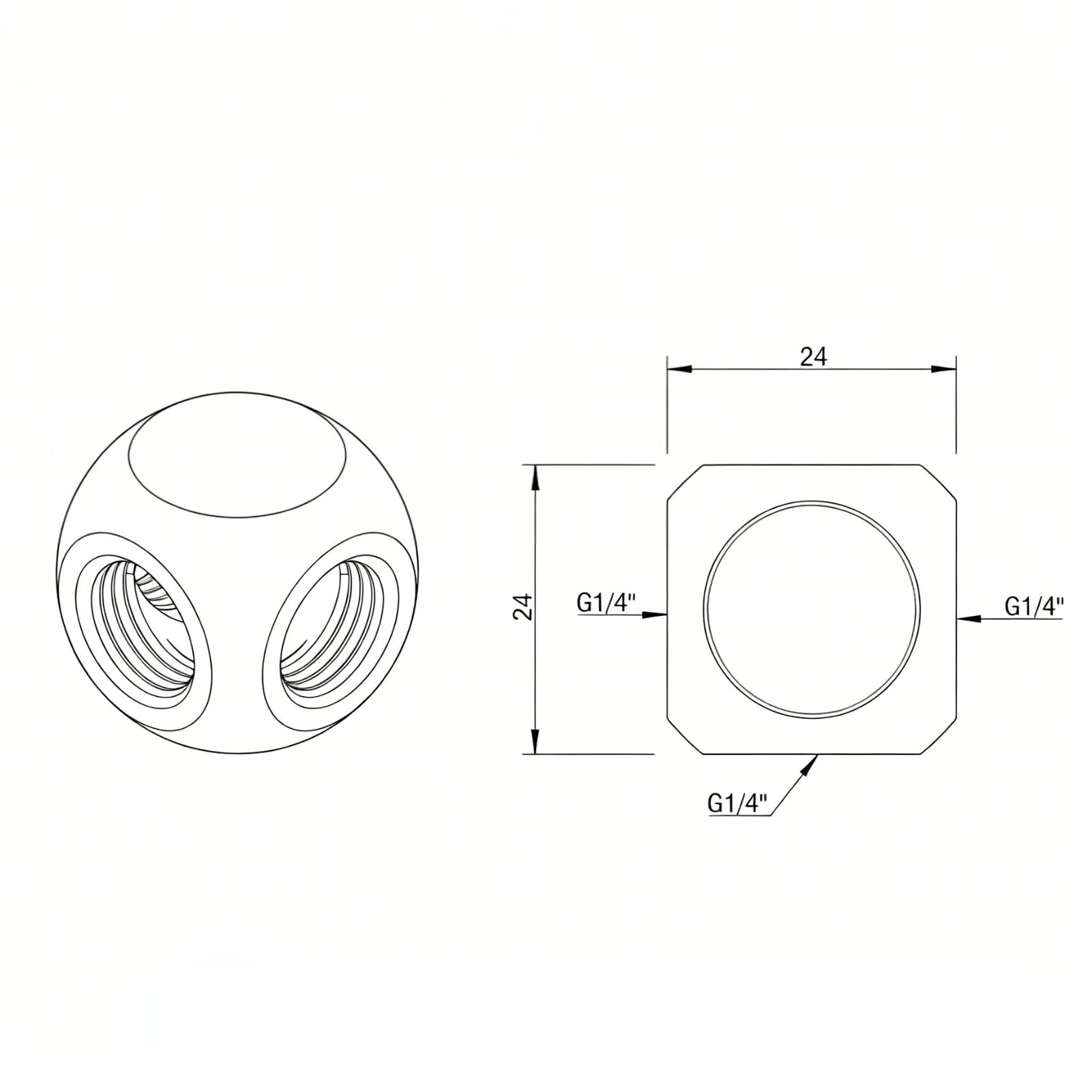 Raccordo di raffreddamento ad acqua Connettore Adattatore sferico a 3 vie in ottone di alta qualità G1/4 filettato per di raffreddamento ad acqua PC Nero Argento