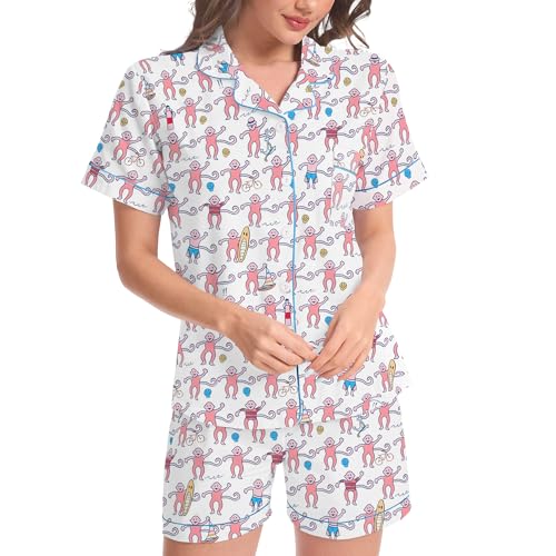 Image of Ammiko Womens Pajamas Set Y2k Loungewear Pajama Button Down Top and Shorts Monkey Beach Short Sleeve Sleepwear Preppy