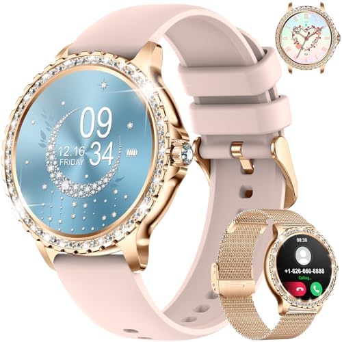 Smart Watch for Women Make/Answer Phone Call Message Notice Fashion Fitness Activity Tracker Heart Rate Step Calorie Monitoring Android iOS Waterproof Elegant Diamond Ladies Smartwatches Rose