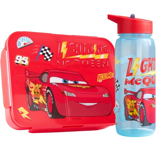 Get Trend Disney Cars Lancheira para crianças e garrafa, conjunto de 640 ml, Bento Box de 1,75 l com compartimentos, máquina de lavar louça e micro-ondas, sem BPA, Lunch Box escolar e lazer (Multi