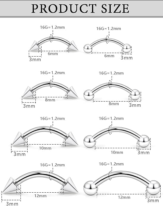 16G Eyebrow Rings Piercing Jewelry Stainless Steel Curved Barbell Vertical Labret Lip Jewelry Ear Rook Helix Conch Daith For Women 6mm/8mm/10mm/12mm Replacement Balls 3mm2