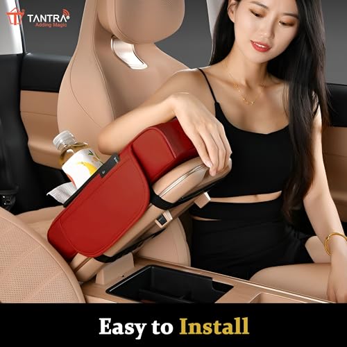 Image of TANTRA Premium Car Armrest Cushion Organizers, 5-in-1 Center Console Cover with 2 Storage Bags Cup Holder, Tissue Box Slot, Phone Slot for Sedans, Car Accessories Interior Organizers (Red)