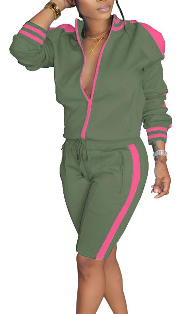Lucuna Womens 2 Piece Shorts Set Stripe Print Lapel Neck Zipper Outerwear Top and Shorts Sweatpants Loungewear Romper