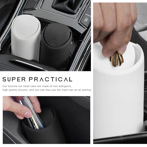 Image of 2PCS Mini Car Trash Can with Lid, Portable Silicone Auto Garbage Container for Cup Holder, Multipurpose Trash Bin for Car Home Office, Waterproof Leakproof Small Vehicle Trash Can (Black+White)