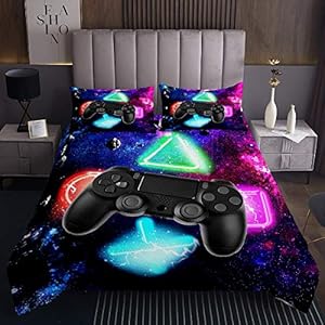 Spiele Tagesdecke 220x240cm Modernes Gamer Video Gamepad Steppdecke für Kinder Jugend Mann Gaming Bettüberwurf Galaxis Geometrisch Drucken Wohndecke 3St