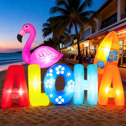 Hawaiian Inflatable Decorations 7FT Long Giant Aloha Blow up Laua Party Decoration Flamingo Surfboard Outdoor Summer Inflatables with LED Lights for Beach Pool Yard Lawn Holiday Tiki Décor