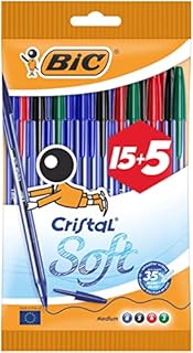 Bic Cristal miękkie długopisy kulkowe, średnia końcówka (1,2 mm), różne kolory, 15 sztuk + 5 sztuk, czarny, niebieski, czerwony, zielony