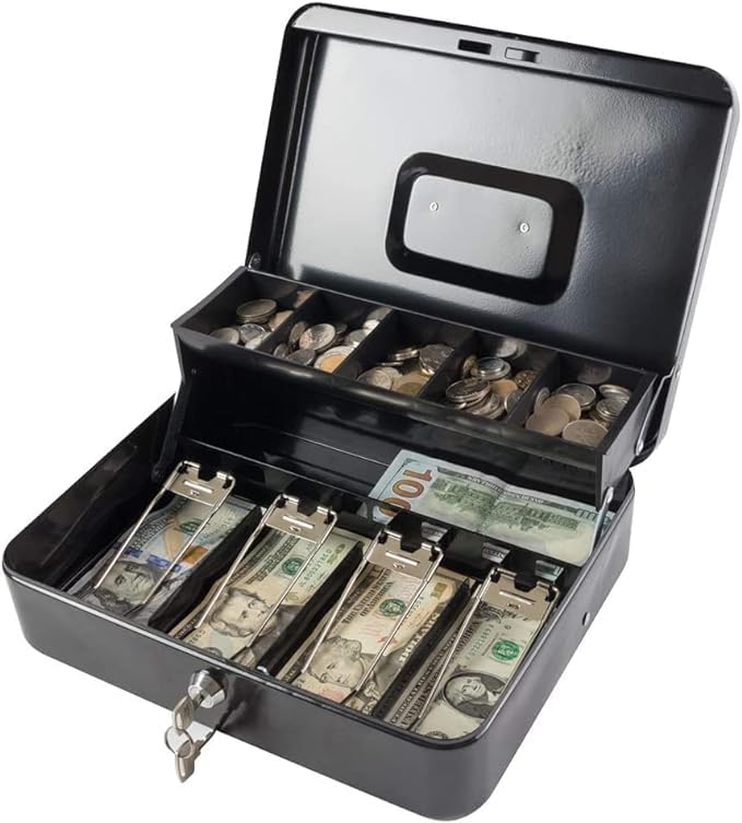 Large Cash Box with Money Tray and Lock, Metal Money Box Safe, Cash Register at Supermarket Mall, 5 Compartments Tray & 4 Coin Slots for Bills (24 X 30 X 9 Cm/Black)-image-42