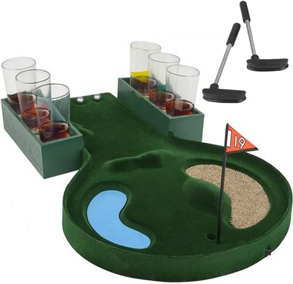 Gamie Golf Drinking Game, Golfing Adult Drinking Game with 1 Game Board, 2 Putters, 2 Metal Balls, 1 Flag, 1 Bag of Sand, and 6 Shot Glasses, Unique Gift for Golfers and Father’s Day
